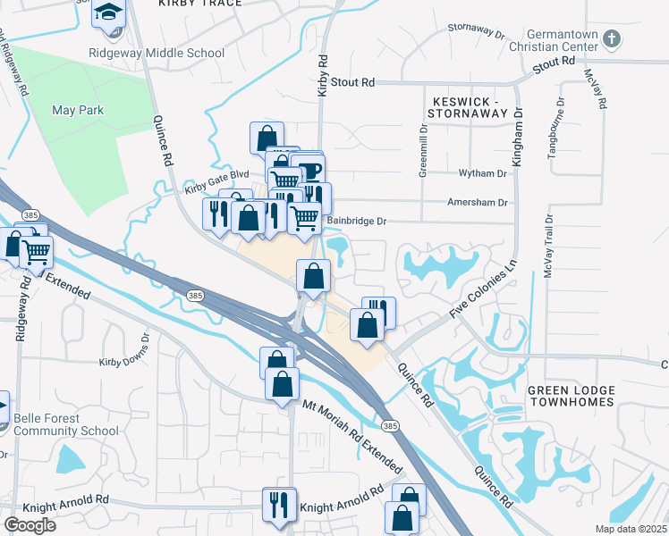 map of restaurants, bars, coffee shops, grocery stores, and more near 6646 Pondside Circle in Memphis