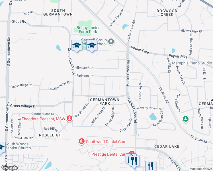 map of restaurants, bars, coffee shops, grocery stores, and more near 2884 Billy Cross Drive in Germantown