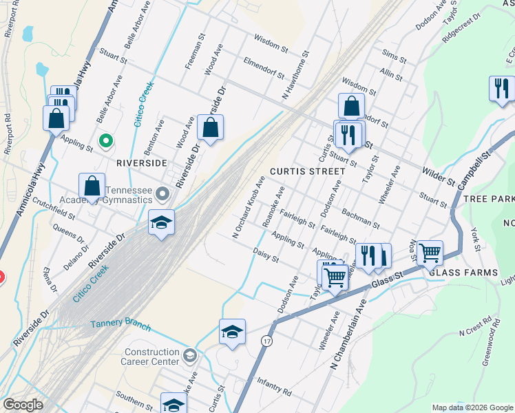 map of restaurants, bars, coffee shops, grocery stores, and more near 2702 North Orchard Knob Avenue in Chattanooga