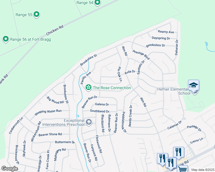 map of restaurants, bars, coffee shops, grocery stores, and more near 6828 Pin Oak Lane in Fayetteville