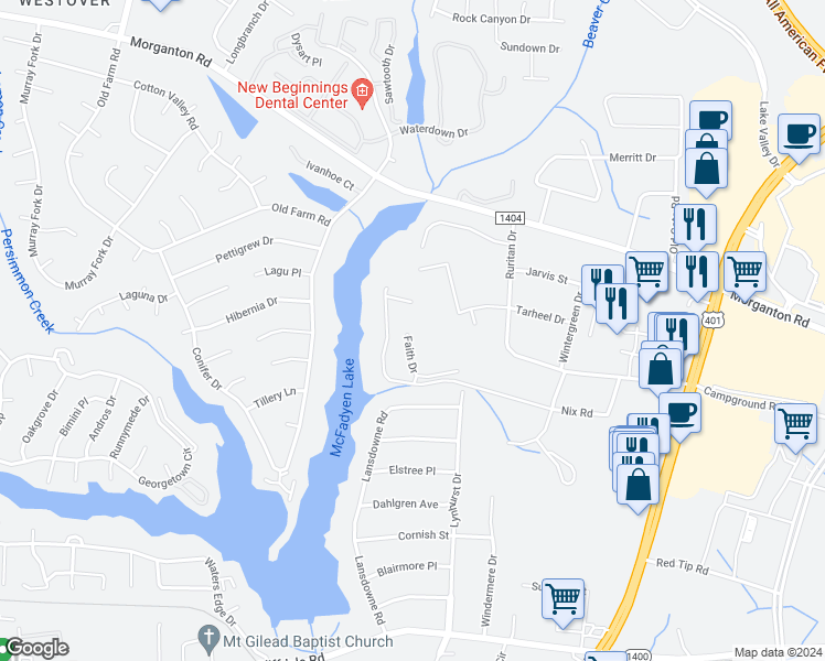 map of restaurants, bars, coffee shops, grocery stores, and more near 5548 Faith Drive in Fayetteville