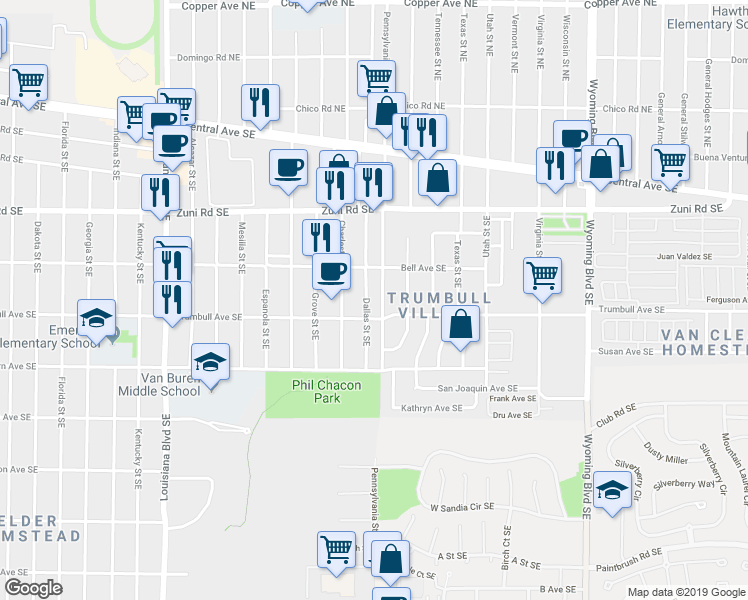 map of restaurants, bars, coffee shops, grocery stores, and more near 419 Pennsylvania St SE in Albuquerque