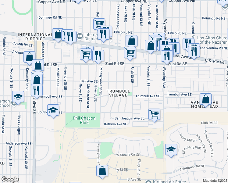 map of restaurants, bars, coffee shops, grocery stores, and more near 416 Tennessee Street Southeast in Albuquerque