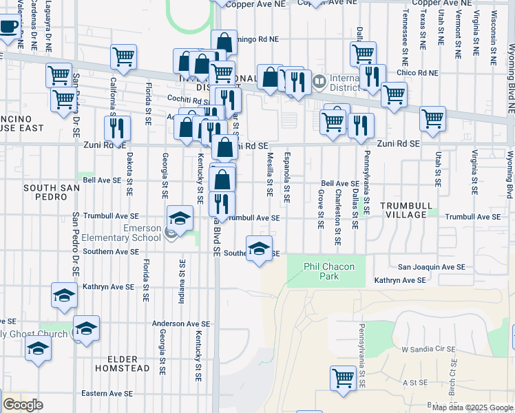 map of restaurants, bars, coffee shops, grocery stores, and more near 520 Chama Street Southeast in Albuquerque