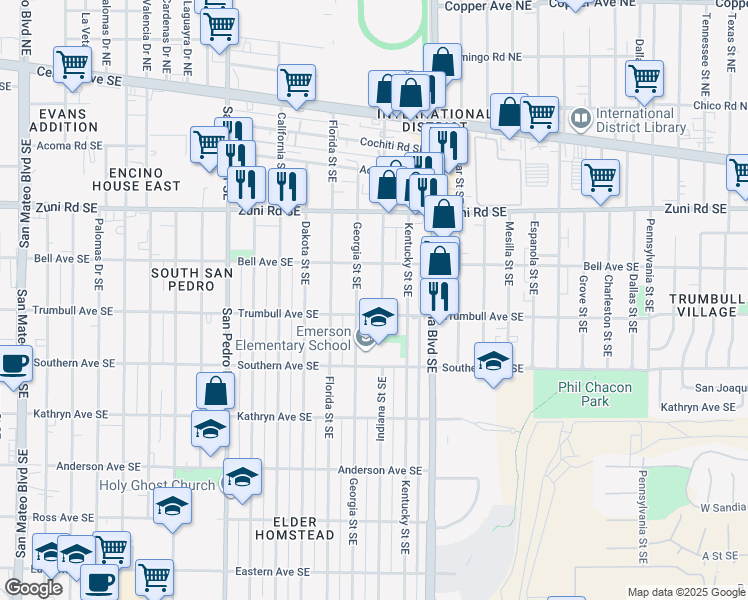 map of restaurants, bars, coffee shops, grocery stores, and more near 516 Indiana Street Southeast in Albuquerque