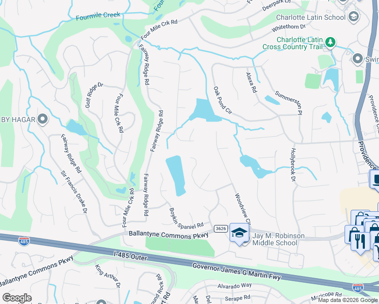 map of restaurants, bars, coffee shops, grocery stores, and more near 9624 Rainbow Forest Drive in Charlotte