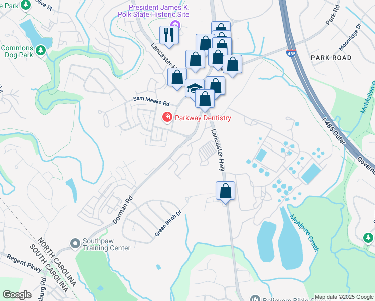 map of restaurants, bars, coffee shops, grocery stores, and more near 12717 Dorman Road in Pineville