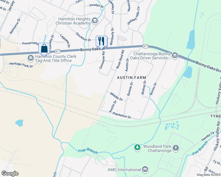 map of restaurants, bars, coffee shops, grocery stores, and more near 7604 Noah Reid Road in Chattanooga