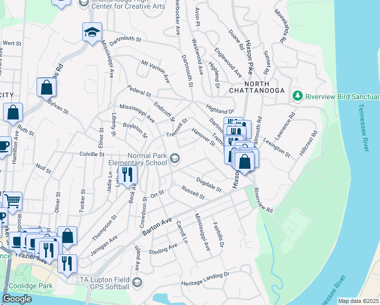 map of restaurants, bars, coffee shops, grocery stores, and more near 947 Polo Place in Chattanooga
