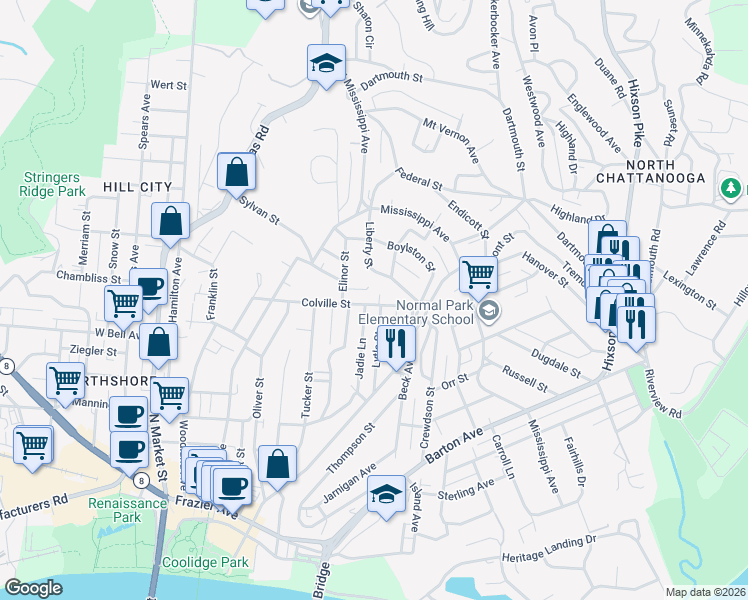 map of restaurants, bars, coffee shops, grocery stores, and more near 717 Liberty Street in Chattanooga