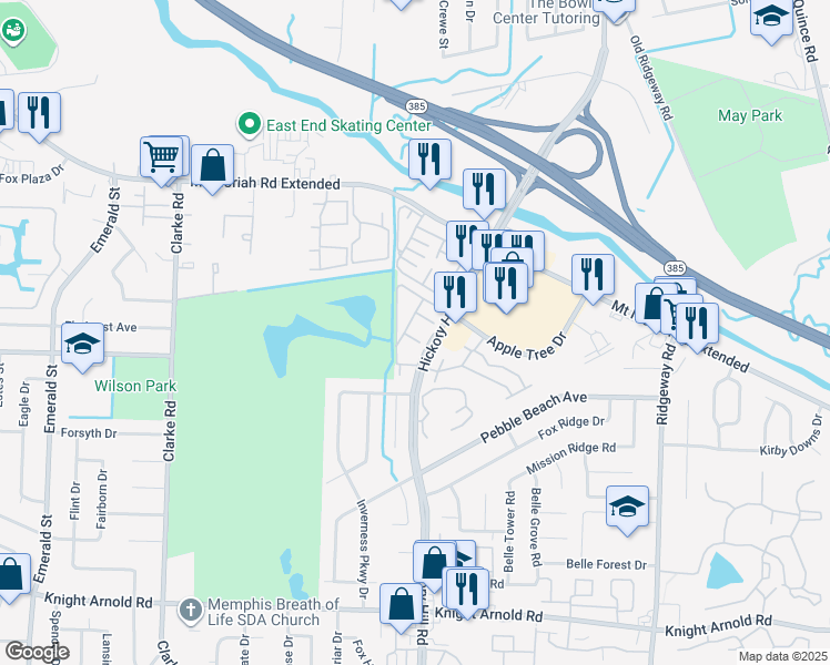 map of restaurants, bars, coffee shops, grocery stores, and more near 2894 Putting Green Cove in Memphis