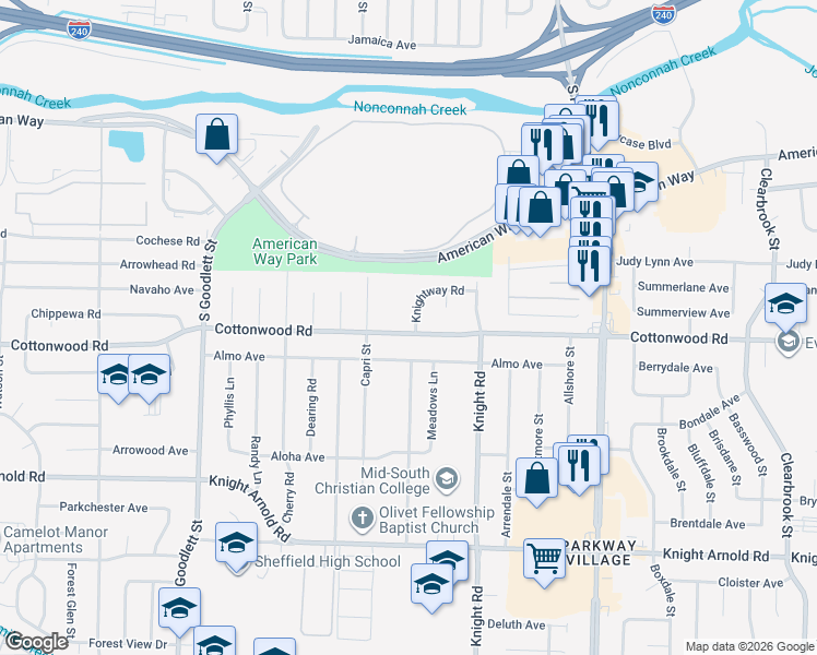 map of restaurants, bars, coffee shops, grocery stores, and more near 2897 Knightway Road in Memphis