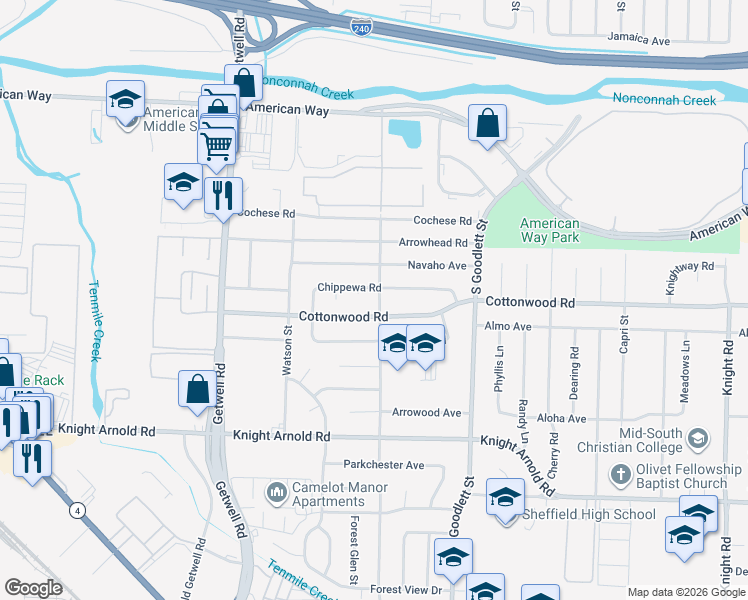 map of restaurants, bars, coffee shops, grocery stores, and more near 2896 Claudette Road in Memphis