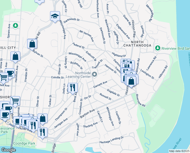 map of restaurants, bars, coffee shops, grocery stores, and more near 923 Mississippi Avenue in Chattanooga