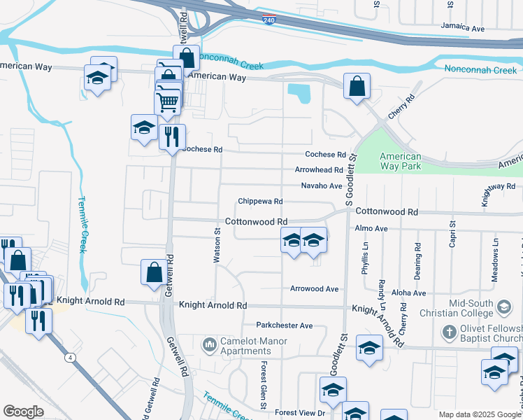 map of restaurants, bars, coffee shops, grocery stores, and more near 4115 Chippewa Road in Memphis