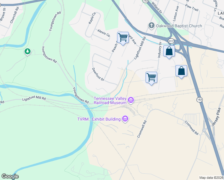 map of restaurants, bars, coffee shops, grocery stores, and more near 3806 Deerfoot Drive in Chattanooga