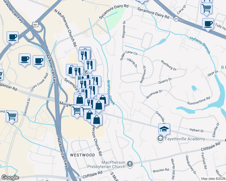 map of restaurants, bars, coffee shops, grocery stores, and more near 12 Barcelona Drive in Fayetteville