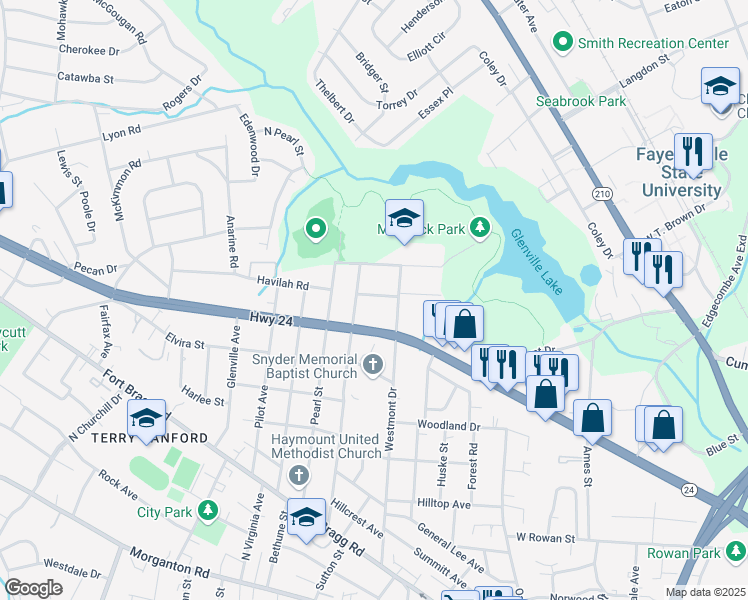 map of restaurants, bars, coffee shops, grocery stores, and more near 1515 Ashford Avenue in Fayetteville