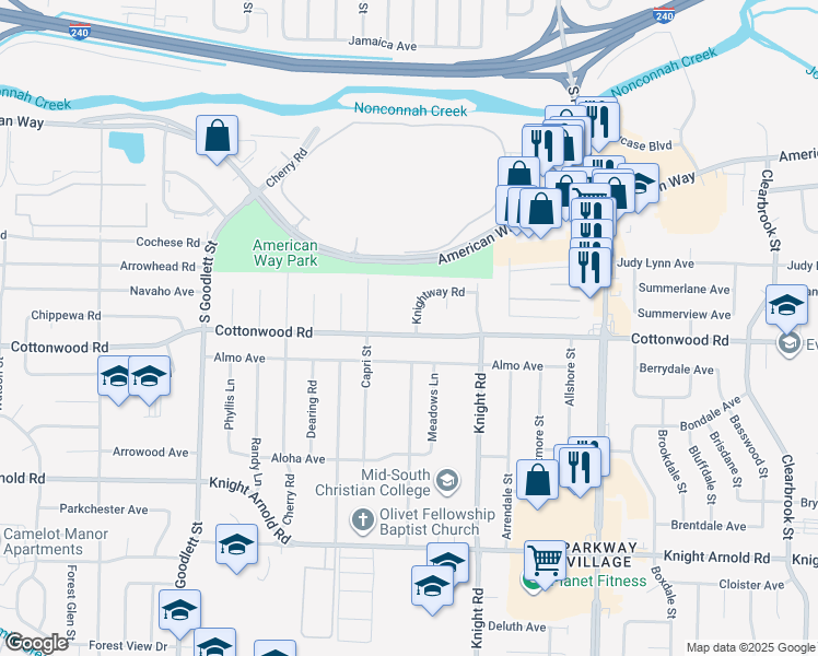 map of restaurants, bars, coffee shops, grocery stores, and more near 2897 Knightway Road in Memphis