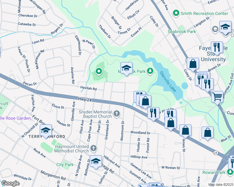 map of restaurants, bars, coffee shops, grocery stores, and more near 1515 Ashford Avenue in Fayetteville