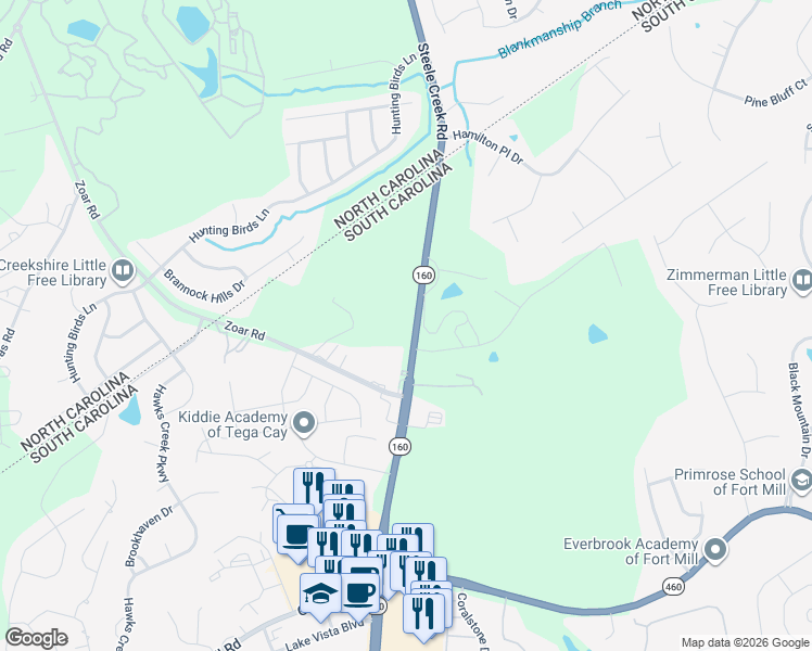 map of restaurants, bars, coffee shops, grocery stores, and more near 3187 South Carolina 160 in Fort Mill