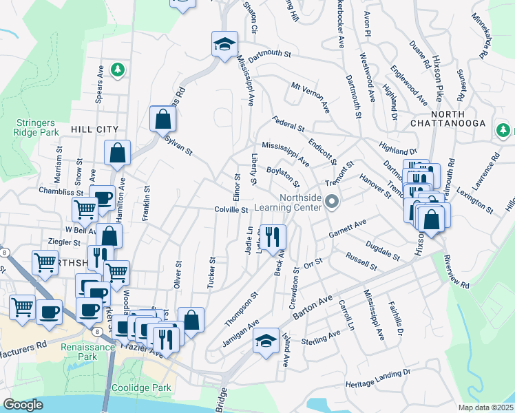 map of restaurants, bars, coffee shops, grocery stores, and more near 717 Liberty Street in Chattanooga