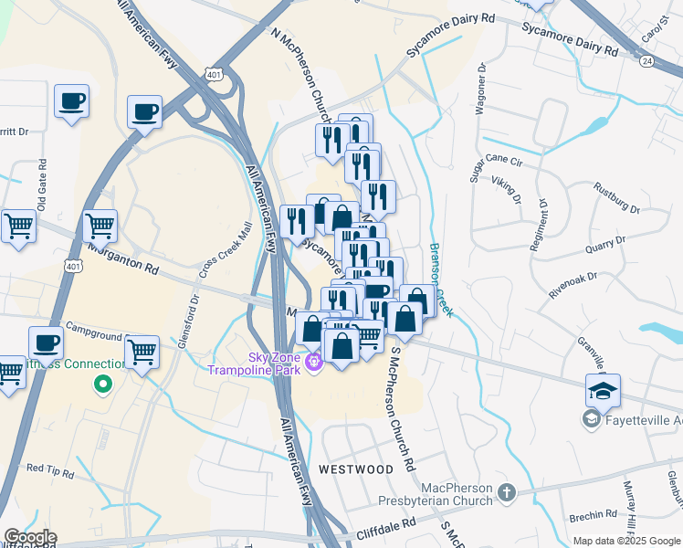 map of restaurants, bars, coffee shops, grocery stores, and more near 4192 Sycamore Dairy Road in Fayetteville