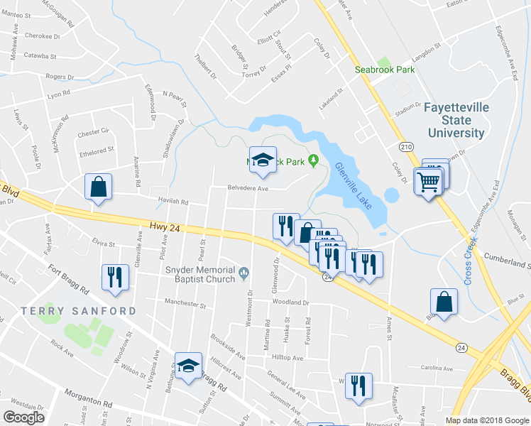 map of restaurants, bars, coffee shops, grocery stores, and more near 1413 Briarcliff Dr in Fayetteville