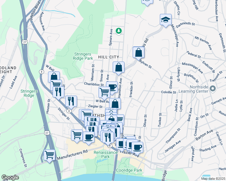 map of restaurants, bars, coffee shops, grocery stores, and more near 641 North Market Street in Chattanooga