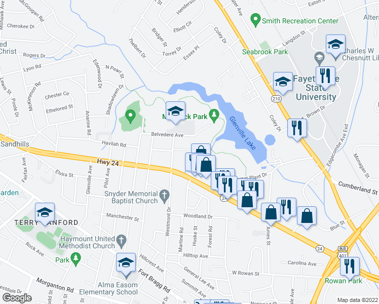 map of restaurants, bars, coffee shops, grocery stores, and more near 1411 Briarcliff Drive in Fayetteville