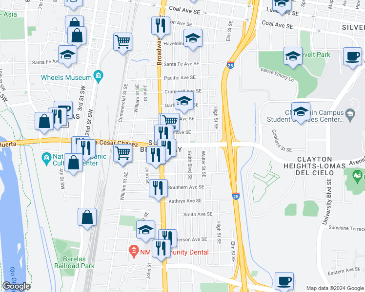 map of restaurants, bars, coffee shops, grocery stores, and more near Avenida Cesar Chavez SE in Albuquerque