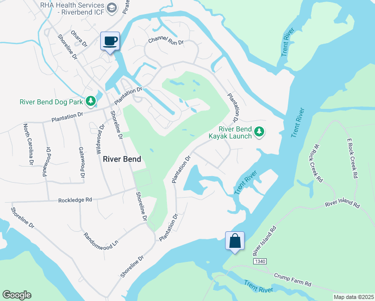 map of restaurants, bars, coffee shops, grocery stores, and more near 327 Plantation Drive in New Bern