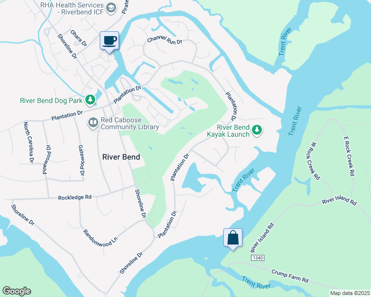 map of restaurants, bars, coffee shops, grocery stores, and more near 327 Plantation Drive in New Bern