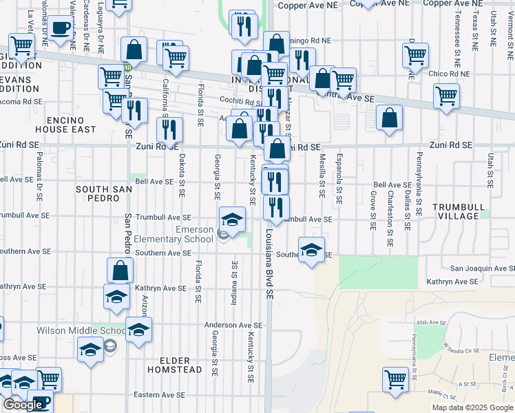 map of restaurants, bars, coffee shops, grocery stores, and more near 524 Kentucky Street Southeast in Albuquerque