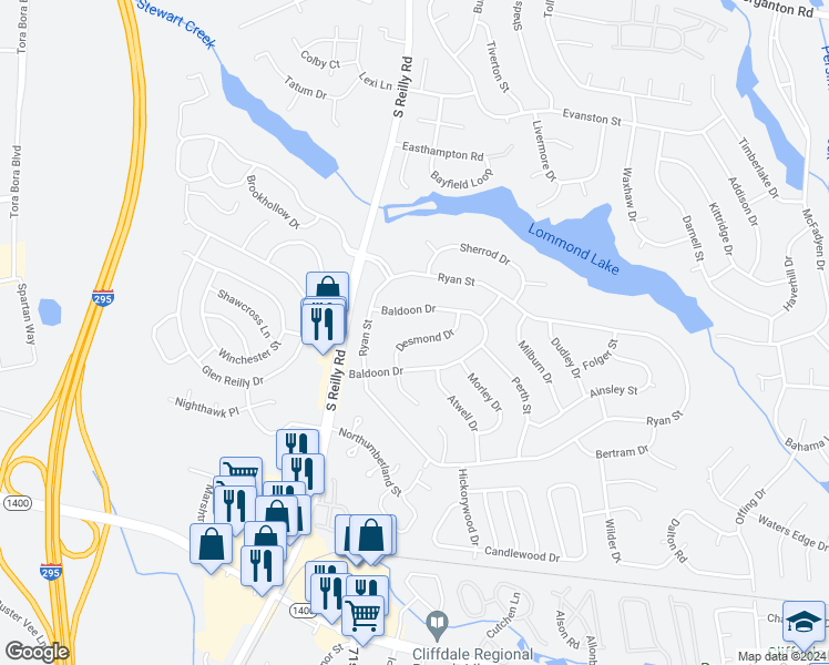 map of restaurants, bars, coffee shops, grocery stores, and more near 336 Desmond Drive in Fayetteville