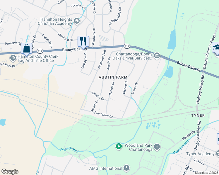map of restaurants, bars, coffee shops, grocery stores, and more near 7615 Bonnie Drive in Chattanooga