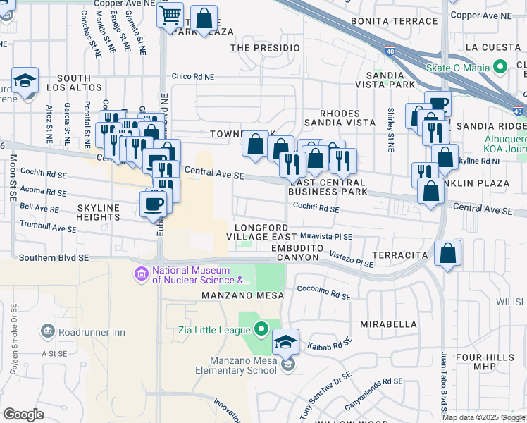 map of restaurants, bars, coffee shops, grocery stores, and more near 10910 Cochiti Road Southeast in Albuquerque