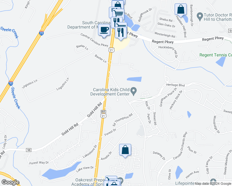 map of restaurants, bars, coffee shops, grocery stores, and more near Drewsky Lane in Fort Mill
