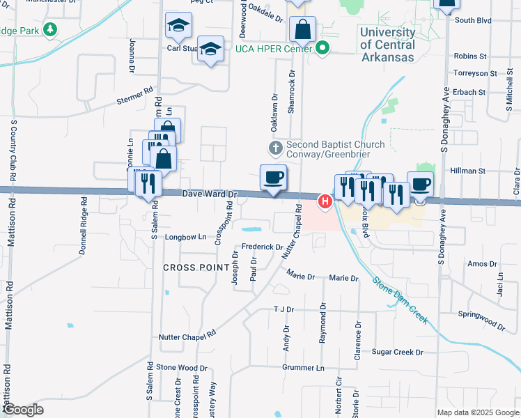 map of restaurants, bars, coffee shops, grocery stores, and more near 2603 Dave Ward Drive in Conway