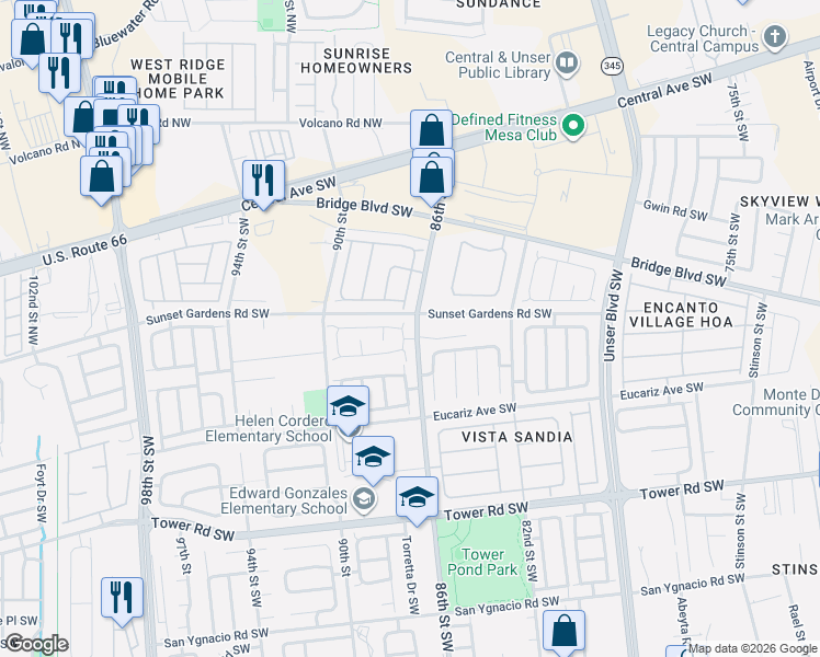 map of restaurants, bars, coffee shops, grocery stores, and more near 8719 Odin Road Southwest in Albuquerque