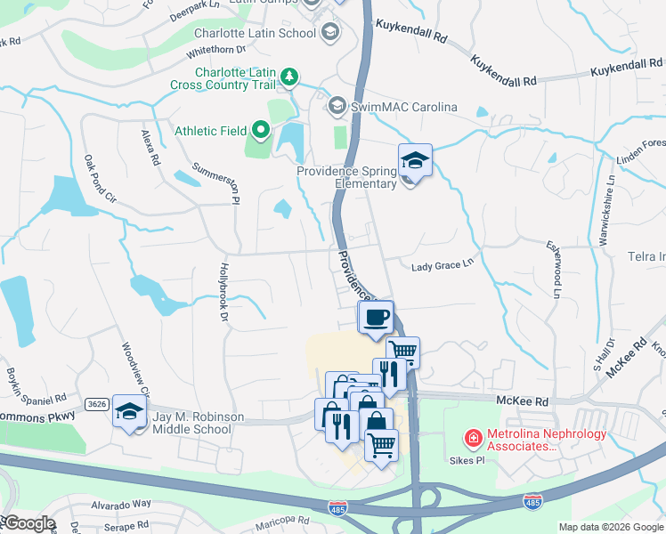 map of restaurants, bars, coffee shops, grocery stores, and more near 10250-10272 Providence Road in Charlotte