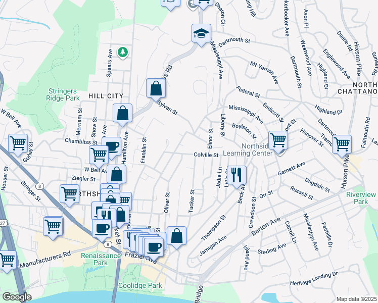 map of restaurants, bars, coffee shops, grocery stores, and more near 419 Colville Street in Chattanooga