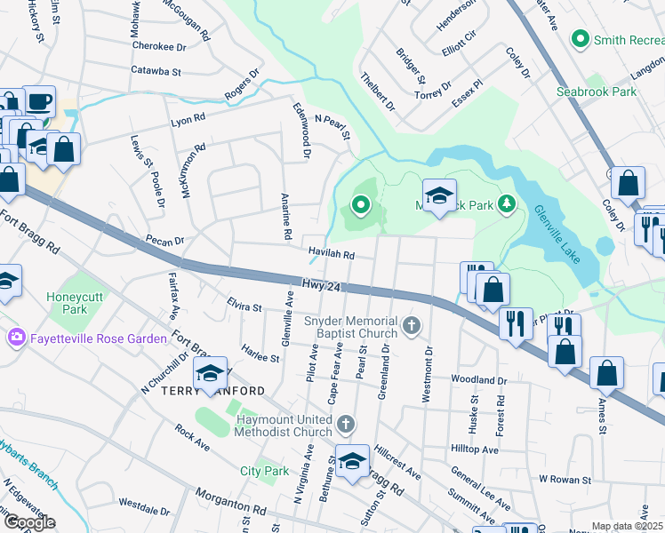 map of restaurants, bars, coffee shops, grocery stores, and more near 809 Cape Fear Avenue in Fayetteville