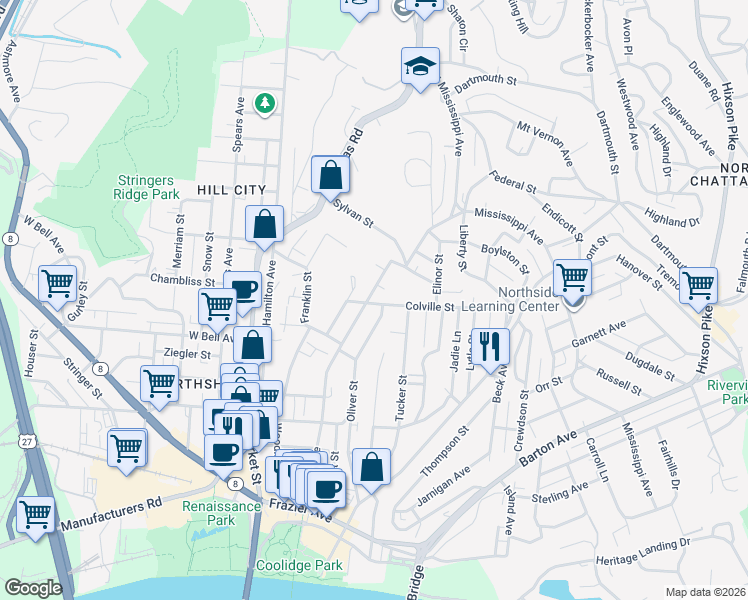 map of restaurants, bars, coffee shops, grocery stores, and more near 401 Colville Street in Chattanooga
