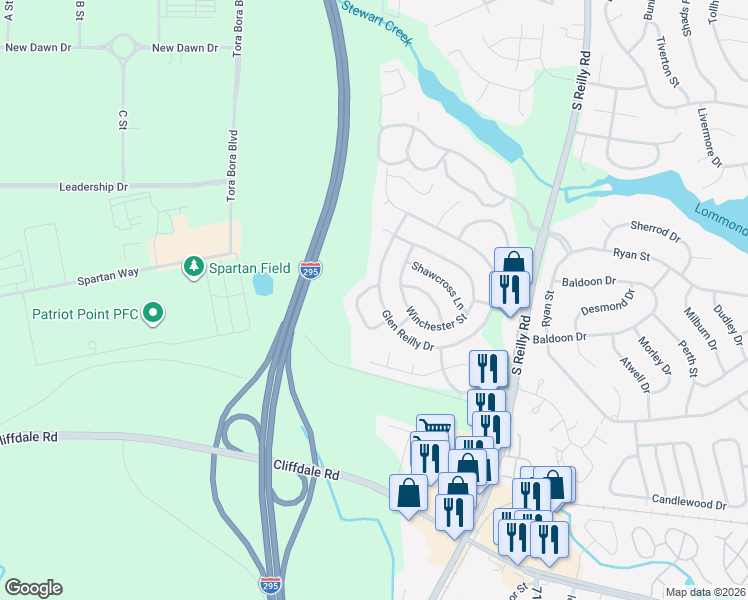 map of restaurants, bars, coffee shops, grocery stores, and more near 6694 Winchester Street in Fayetteville