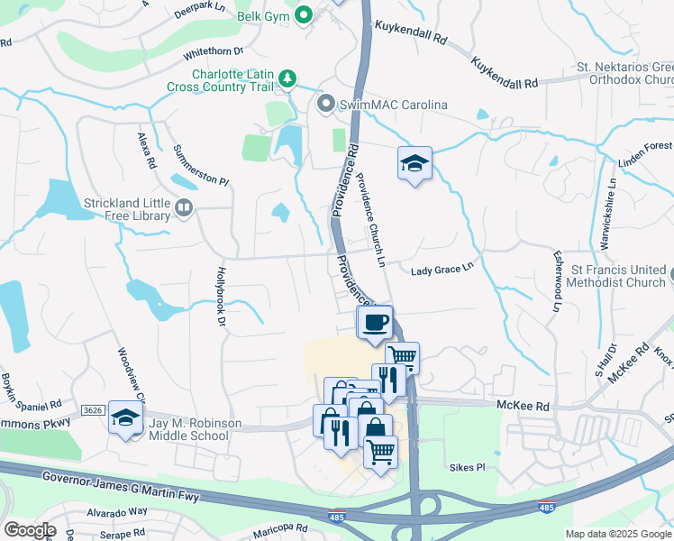 map of restaurants, bars, coffee shops, grocery stores, and more near 5212 Berkeley View Circle in Charlotte