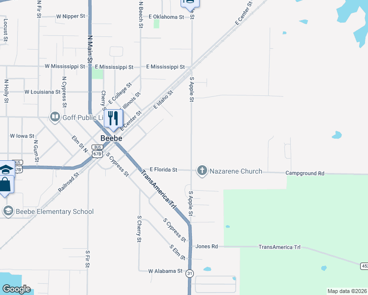 map of restaurants, bars, coffee shops, grocery stores, and more near 200 South Apple Street in Beebe