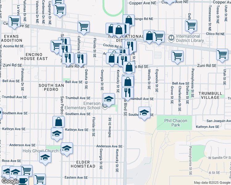 map of restaurants, bars, coffee shops, grocery stores, and more near 516 Indiana Street Southeast in Albuquerque