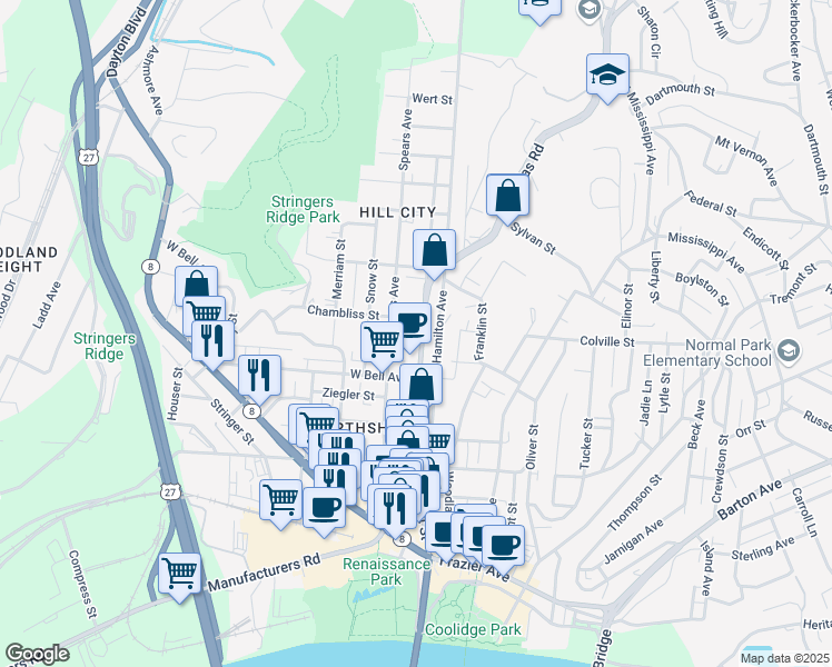 map of restaurants, bars, coffee shops, grocery stores, and more near 641 North Market Street in Chattanooga