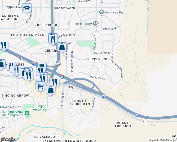 map of restaurants, bars, coffee shops, grocery stores, and more near 14100 Sunglow Road Northeast in Albuquerque